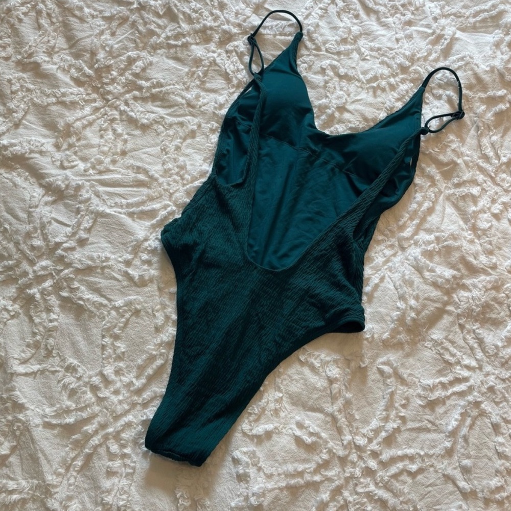 S-Dark Green Ribbed One-Piece Swimsuit